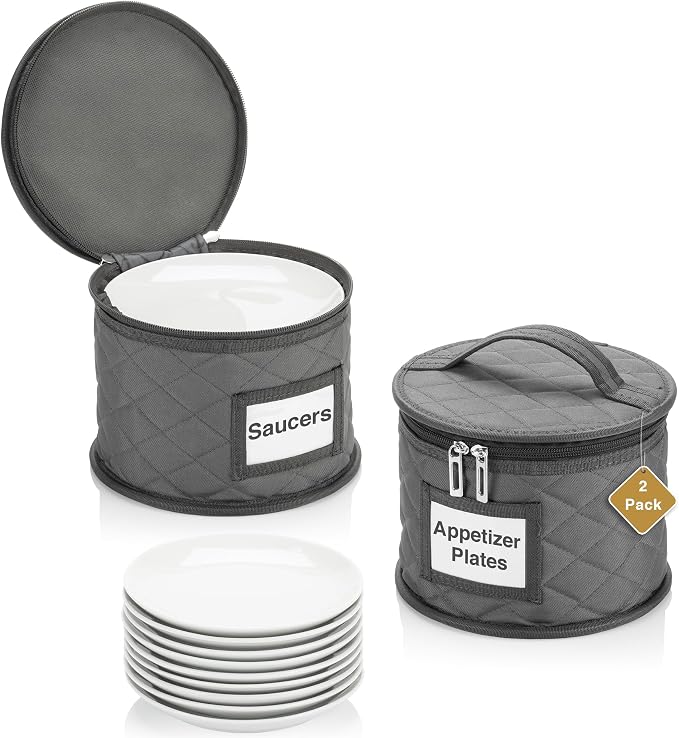 2 Pack 6" Small Plate Storage Case - China Storage Container - Stackable With Padded Interior to Store Dinnerware Dishes - 24 Felt Dividers Included - Gray - Great for Saucers and Small Bowls
