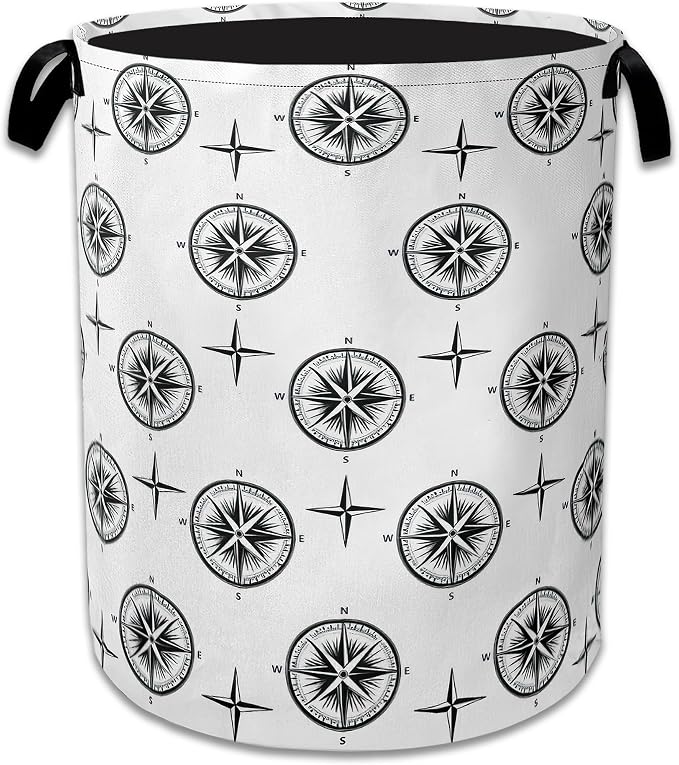 Black Compass Laundry Basket Collapsible Laundry Hamper Clothes Storage Bin for Bathroom Bedroom Room Decor 16" X 20.8"