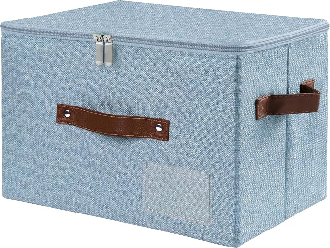 ANMINY Storage Bins with Zipper Lid Storage Boxes with Label Holder PU Leather Handles Washable Foldable Decorative Lidded Cotton Linen Fabric Cubes Baskets Closet Organizer - Blue, Medium