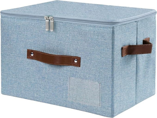 ANMINY Storage Bins with Zipper Lid Storage Boxes with Label Holder PU Leather Handles Washable Foldable Decorative Lidded Cotton Linen Fabric Cubes Baskets Closet Organizer - Blue, Medium