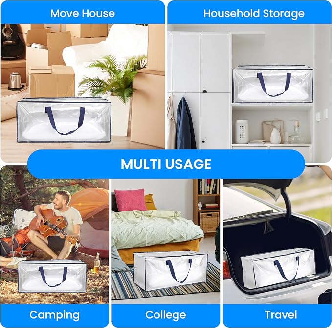 Simple Deluxe 6 Pack Extra Large Moving Bags with Backpack Straps, Strong Handles/Zippers, Heavy Duty Storage Tote for Moving Travel Camping Space Saving, White