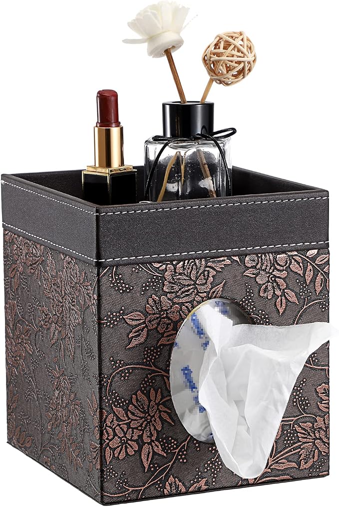 Sumnacon Leather Square Tissue Box Cover - Decorative Cube Tissue Box Holder with Tray, Stylish Facial Tissue Holder for Bathroom Vanity Dresser Table Home Office Bar, Brown Flower