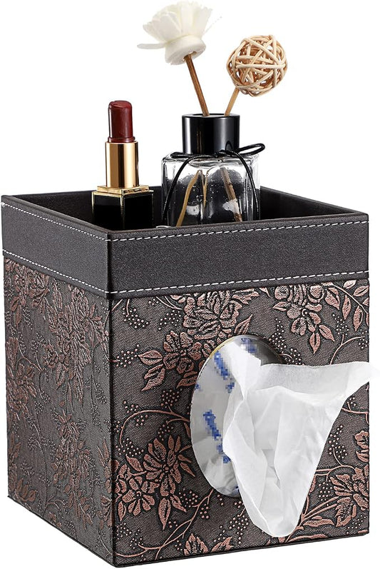 Sumnacon Leather Square Tissue Box Cover - Decorative Cube Tissue Box Holder with Tray, Stylish Facial Tissue Holder for Bathroom Vanity Dresser Table Home Office Bar, Brown Flower