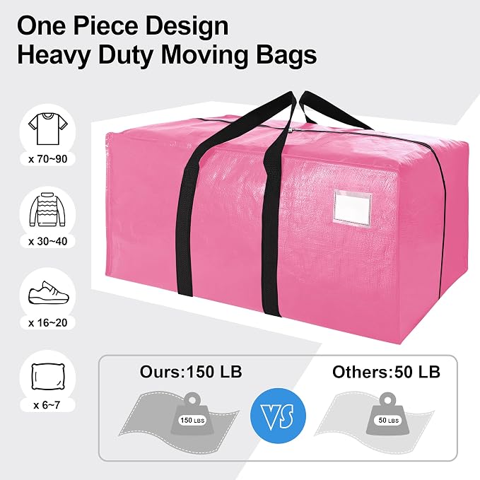 6 Pack Heavy Duty Extra Large Moving Bags W/Backpack Straps - Strong Handles & Zippers, Storage Totes For Space Saving, Fold Flat, Alternative to Box and Bin (40 gal, Pink)