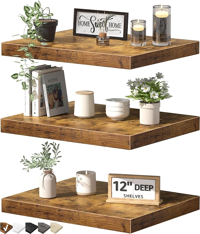 QEEIG 12" Deep Floating Shelves for Wall - 12 x 16 inch Book Shelf Bathroom Bedroom Kitchen Living Room Hanging Bookshelf Farmhouse Set of 3, Brown (026-40BN3)