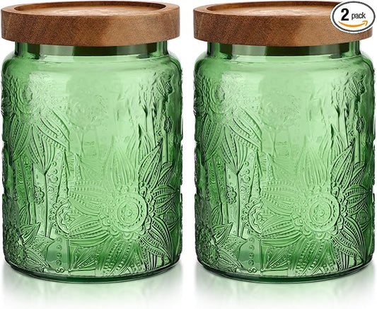 LemonRoad 2 Pcs Vintage Glass Storage Jars 23.67 oz Candy Jar Canister with Solid Wood Lids Food Storage Container for Kitchen, Ground Coffee, Tea, Sugar, Decorative Mason Cookie Jars (Green)