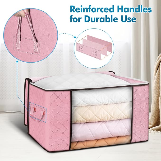 90L Large Storage Bags, 6 Pack Clothes Storage Bins Closet Organizers | Foldable Storage Containers, with Reinforced Handle, for Clothing, Blanket, Comforters, Bed Sheets, Pillows and Toys,Pink