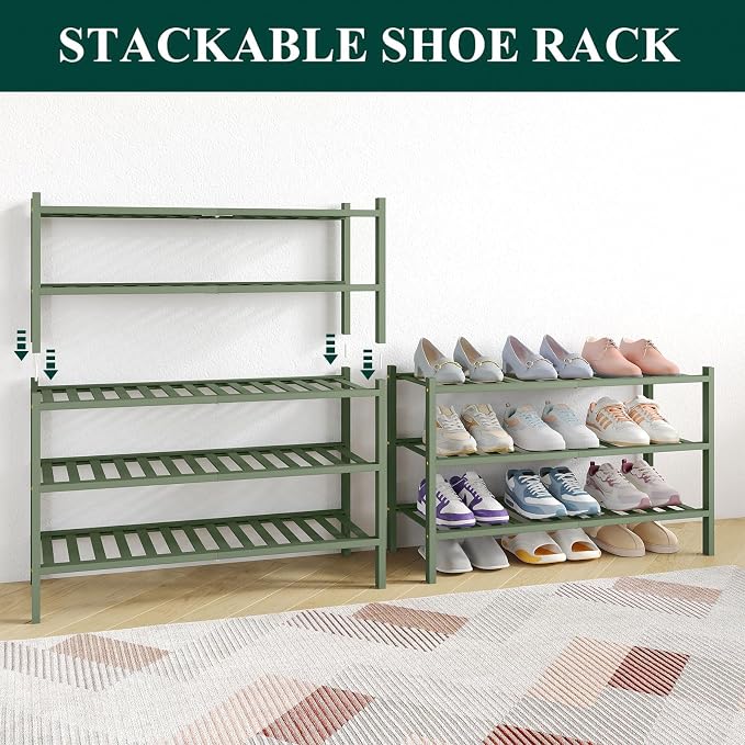 Smiry Bamboo Shoe Rack for Closet, 4 Tier Wooden Shoe Organizer, Stackable Wood Shoe Storage Shelf for Entryway, 14 Vertical Slats, 2+2 Stack Heavy-Duty Legs, 26.77"x11.02"x25.98", Green