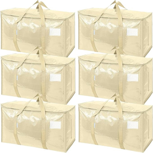 TICONN 6 Pack Extra Large Moving Bags Heavy Duty with Zippers & Carrying Handles, Durable Storage Bags Moving Boxes for Closet Organizers and Storage (6 Pack, Cream)