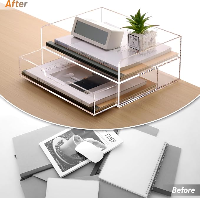 SANRUI 2-Tier Paper Letter Tray Organizer with Sliding Drawer,Stackable Desk Organizer,Acrylic Paper Tray for Office,Home or School,Clear