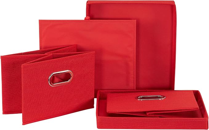Household Essentials Storage Bins with Lids and Chromed Grommet Handles, Set of 2, Textured Linen Look, Red