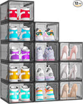 ARSTPEOE 12 Pack Upgrade Harder Shoe Organizer, Shoe Storage with Magnetic Front Door, Clear Shoe Boxes Foldable Space-Saving Shoe Rack for Sneaker Boot Container, Black