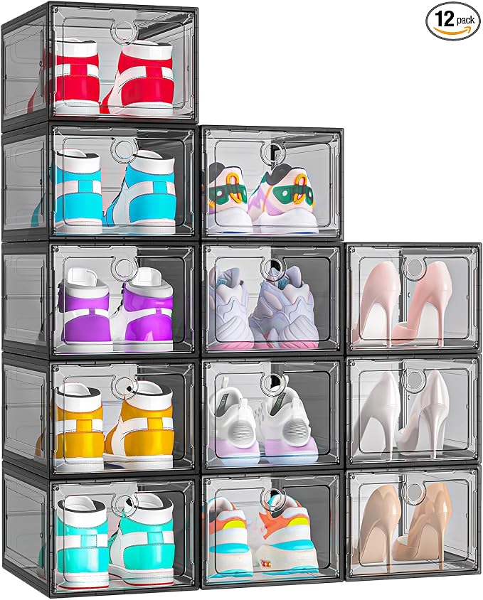 ARSTPEOE 12 Pack Upgrade Harder Shoe Organizer, Shoe Storage with Magnetic Front Door, Clear Shoe Boxes Foldable Space-Saving Shoe Rack for Sneaker Boot Container, Black