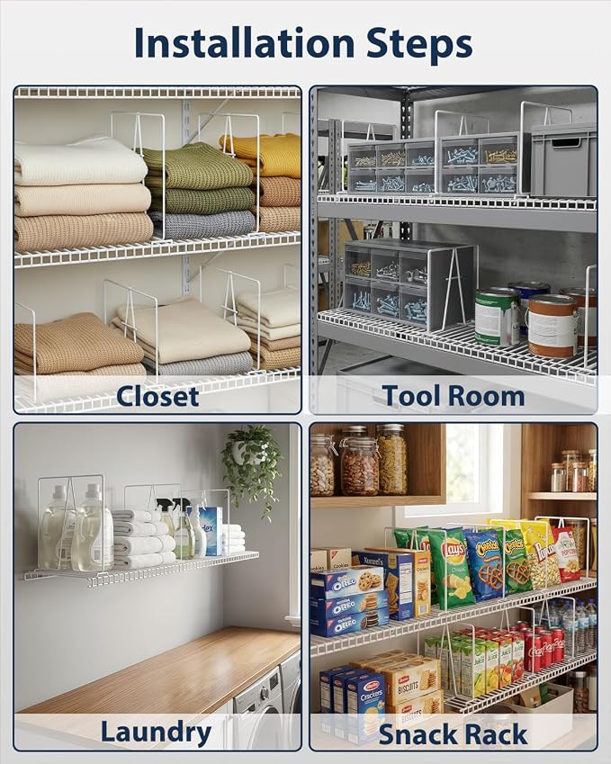 Supforce 10 Pack Wire Shelf Dividers for Closet, Solid Coated Metal Closet Dividers for Closet Organization, Closet Shelf Divider for 12'' Tall x 12'' Deep Wire Shelves and Storage, Bright White