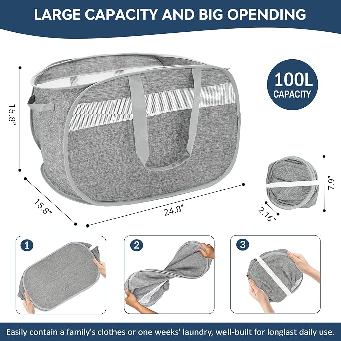 100L Collapsible Laundry Baskets, Foldable Dual Handles Laundry Hamper Grey | Lightweight, Easy to Carry, Up and Downstairs, Tear-Proof, Space-saving, for Laundry Room, Bedroom, Bathroom, Travel, Dorm