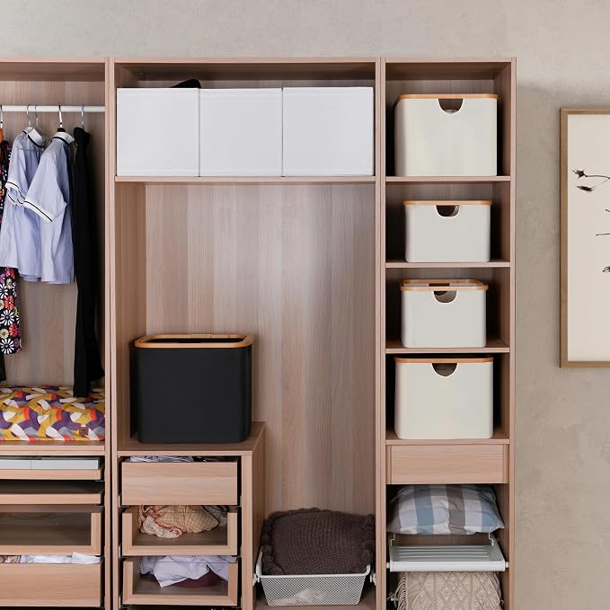 efluky Storage Baskets for Organizing, Fabric Storage Bins with Bamboo Handles, Collapsible Storage Baskets for Shelves and Closet (Beige, 16.2'' x 13'' x 9.1'')