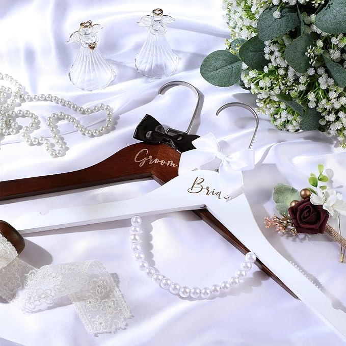 Beeveer 2 Pcs Bride Hanger for Wedding Dress Bride and Groom Wooden Wedding Dress Hanger Set with Bow Tie for Tuxedo Suit Gift Bridal Party Shower