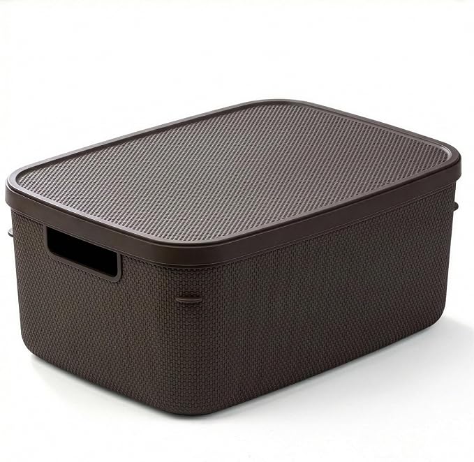 BINO | Plastic Storage Bins with Lids, 13 Liter - 3 Pack, Dark Brown | THE TWILL COLLECTION | Plastic Bins for Organization | Woven Storage Baskets for Organizing | Pantry Shelf Organizer Basket Bin