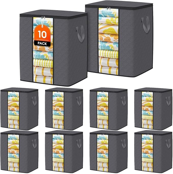 SpaceTrove Clothes Storage Bags, 10-Pack Comforter Blanket Organizers, 80L Large Capacity Containers with Visual Window for Clothing, Quilt, Sheet, Pillow, Closet Organization for Bedding (Grey)