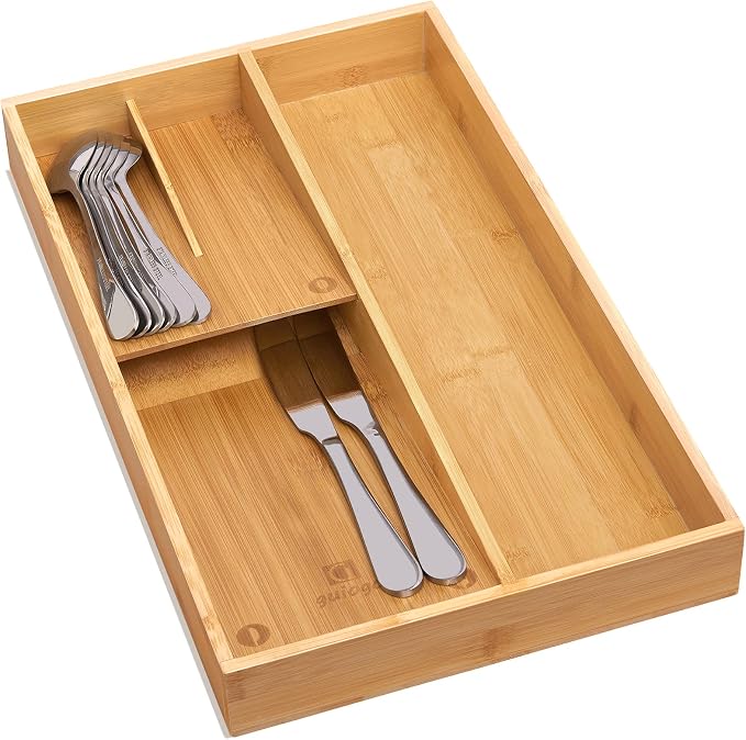 guiogc Bamboo silverware tray organizer, Utensil Holder and Cutlery Tray for Drawer, Kitchen Drawer Organizer Divider for Spoons Forks Knives