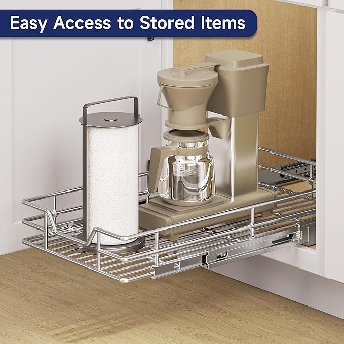 Pull Out Cabinet Organizer, 10.5" W x 21.5" D, Heavy Duty Chrome Slide Out Shelf for Narrow Base Cabinets, Sliding Wire Basket Drawer for Spices, Bottles, Snacks & Cleaning Supplies