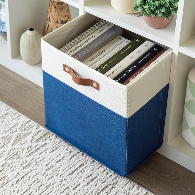 OrganiHaus 13x13 Cube Storage Bins, Set of 4 - Fabric Storage Cubes | Sturdy, holds its shape; odor-free; fits IKEA Kallax and Expedit; vegan leather handles