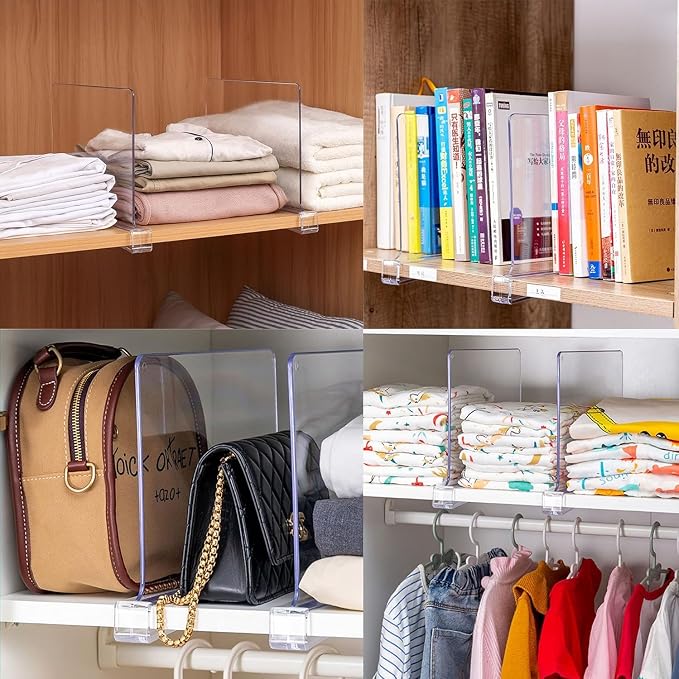 Yieach 6 Pack Clear Acrylic Shelf Divider for Closet Organization - 9.2″ Tall Closet Dividers for Wood Shelves,Cupboard,Vertical Shelf Separators in Closet for T-Shirt,Purse,Handbag,Sweater Organizer