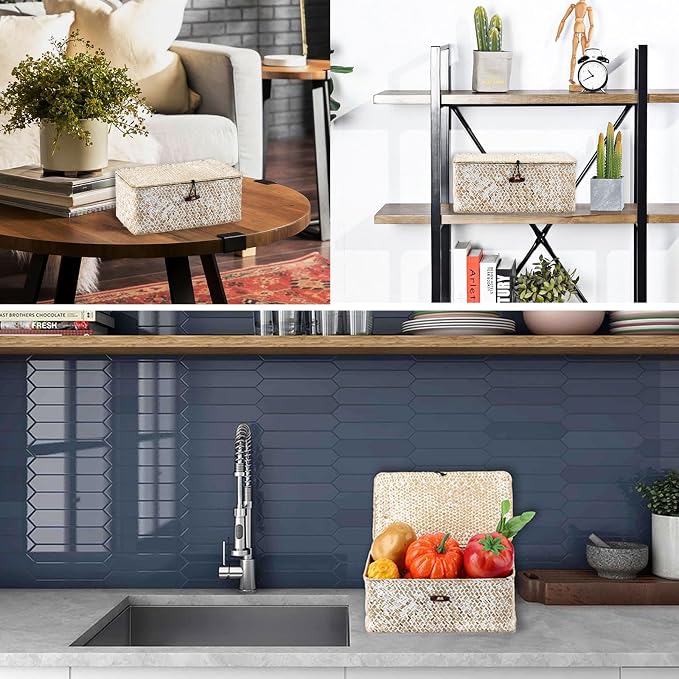 Hipiwe Wicker Shelf Baskets with Lid, Woven Seagrass Storage Basket Bin Rectangular Household Basket Boxes for Shelf Home Organizer and Decor, Whitewash X-Small