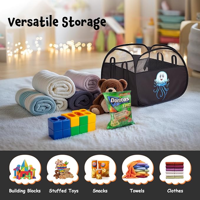 YOHOOLYO 95L Toy Storage Basket Box Chest for Boys Baby Toddler Kids, Collapsible Pop Up Large Mesh Toy Organizer Bin with Handles for Living Room Area, Playroom, Closet (Jellyfish&Crabs)