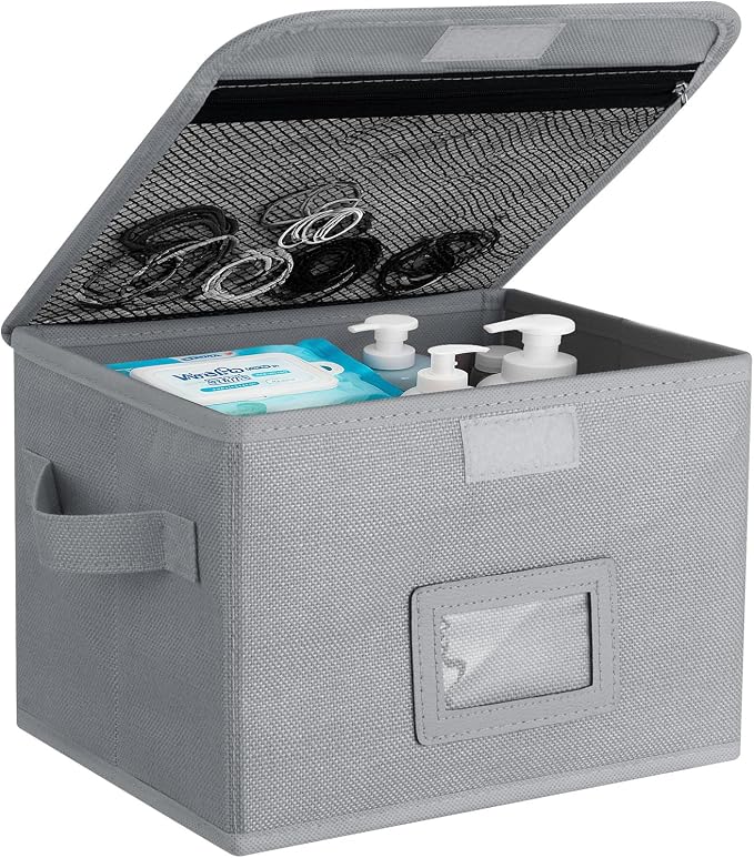 Small Storage Box, Storage Basket with Lid, Foldable Cotton Linen Fabric Keepsake Box, Organizer Container with Zipper for Decorative, Medicine, Greeting Card Organizer.(Gray-New, 1 Pack)