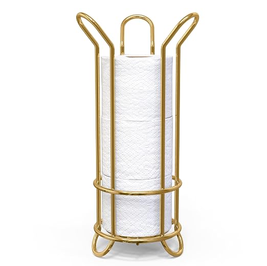 BROOKSTONE Toilet Paper Holder Stand, Modern and Minimal Free Standing Toilet Paper Stand with Storage, Bathroom Tissue Organizer that Holds Mega Rolls - Gold