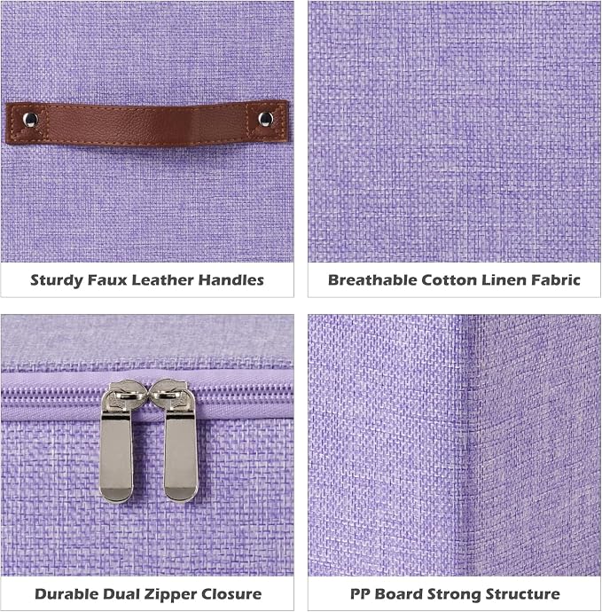 2PCS Storage Cubes with Lid Fabric Storage Bins Boxes PU Leather Handles Cotton Linen Closet Organizer Container Decorative Foldable Washable Shelf Cloth Basket (Zipper Lid, Purple, 11in)