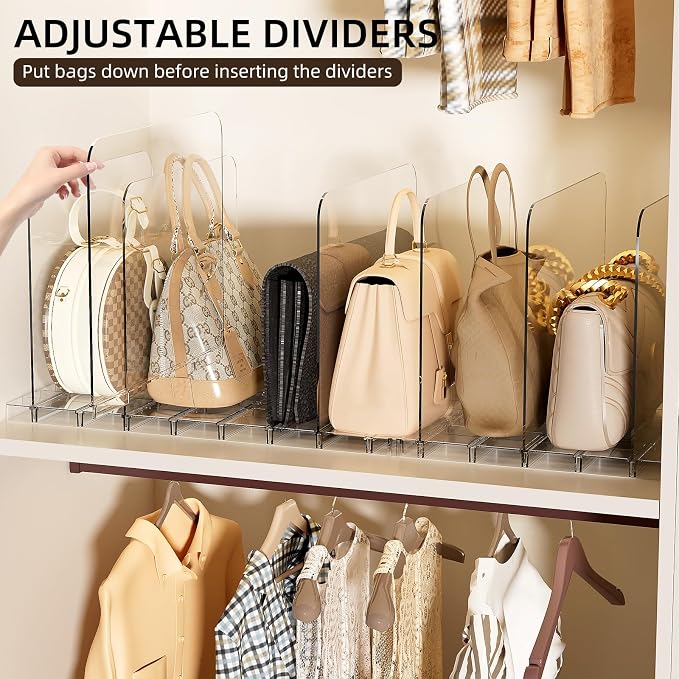 JOYZAN Stackable Purse Organizer for Closet, Adjustable Shelf Dividers for Closet Organizer Clear Acrylic Closet Purse Organizer Detachable Handbag Storage Separator Dividers for Home, Office - 4 Pack