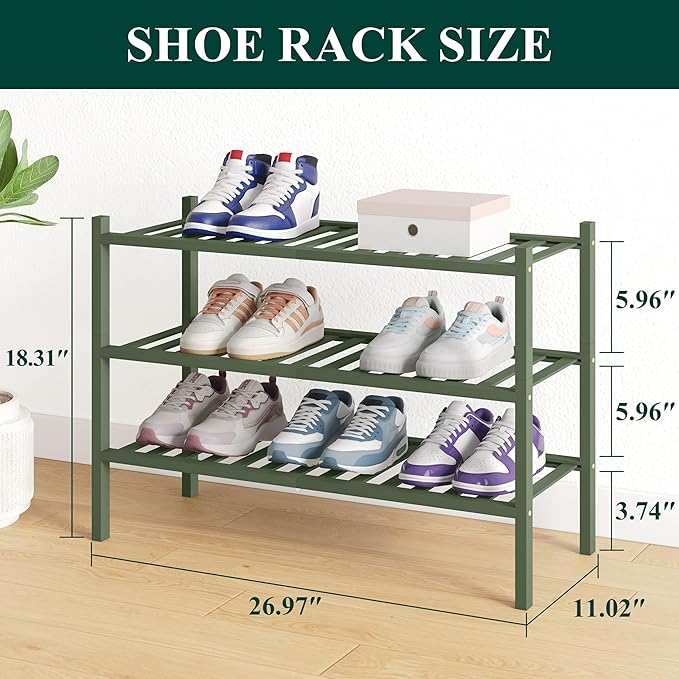 Smiry Bamboo Shoe Rack for Closet, 3 Tier Wooden Shoe Organizer, Stackable Wood Shoe Storage Shelf for Entryway, 14 Vertical Slats, One-piece Heavy-Duty Legs, 26.77"x11.02"x18.31", Green