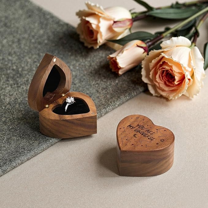 Engagement Proposal Ring Box Secret Slim Engraved Wooden Heart Case | Engrave"You are my universe", Walnut Wood Ring Bearer Box Jewelry Storage Holder Display for Wedding Ceremony Commemoration
