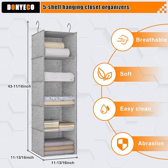 Hanging Closet Organizer 5-Shelf, Oxford Linen Wardrobe Storage, Gray | Easy-mount foldable design holds clothes, handbags, shoes & accessories; washable Oxford fabric, sturdy and space-saving.
