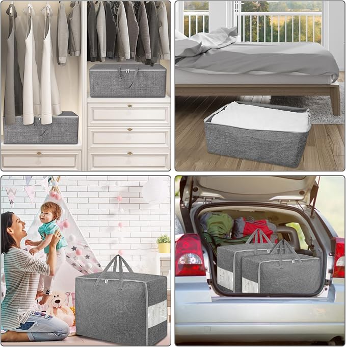 105L Extra Large Storage Bags, Folding Moving Comforter Blanket Storage Bags Closet Organizers and Storage Containers for Clothes with Strong Handles&Zippers Clear Window for Bedding Pillow Grey 2Pack