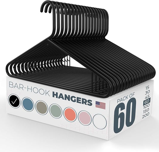 Plastic Hangers 50 Pack (60 Count) – Made in the USA – 6lb Capacity Standard Clothes Hangers with Strap Hooks for Dresses, Lingerie, Shirts, Pants, and Jackets – Black