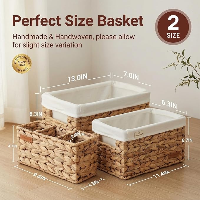 Water Hyacinth Wicker Baskets for Storage, Handwoven Rattan Shelf Basket for Organizing Pantry Closet Bedroom, 100% Natural Decorative Woven Organizer with Handles and Waterproof Canvas, 6 Pack
