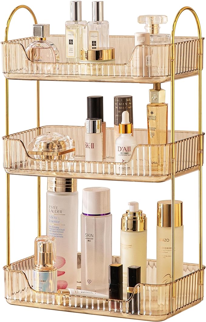 Akinbas 3 Tier Bathroom Organizer Countertop Makeup Perfume Tray Skincare Organizer for Bathroom Dresser Vanity (Gold)