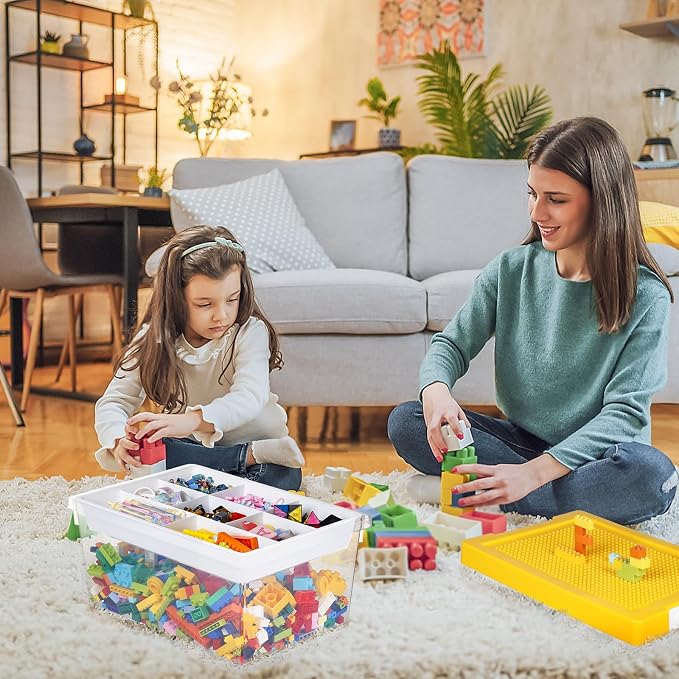 Plastic Storage Bins with Lids - 1 Set Stackable Arts Crafts Organizer Box with Removable Divided Tray &Compatible Building Baseplate,Toy Chest Containers for Bricks-Yellow(14.37"x9.64"x6.69")