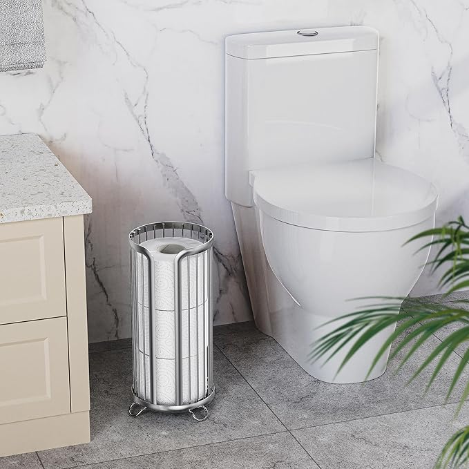 Toilet Paper Holder Stand, Freestanding Toilet Paper Storage,2 Pack,Silver | Waterproof Raised Feet,Rustproof,Fit 3 Mega Rolls,No Drilling No Assemble,Minimalistic Storage,Space-saving Renter Friendly