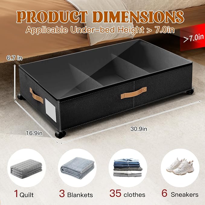 Under Bed Storage with Wheels, Rolling Storage Containers with Clear Lid and Handles for Clothes, Shoes, Blankets, Pillows, Toys, Books, Bags (60L, 30.9 x 16.9 x 6.7in, Black, 1 Pack)