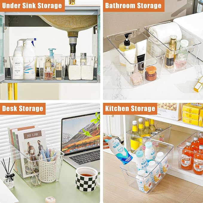 Freebat 6 Pack Large Clear Plastic Storage Bins,Plastic Containers with Handle for Pantry Organizer and Storage,Perfect for Kitchen,Fridge,Cabinet, Closet,Bathroom Under Sink Storage