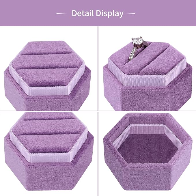 DesignSter Hexagon Velvet Ring Bearer Box - Premium Gorgeous Vintage Double Ring Display Holder with Detachable Lid for Proposal, Engagement, Wedding, Ceremony (Lavender purple)