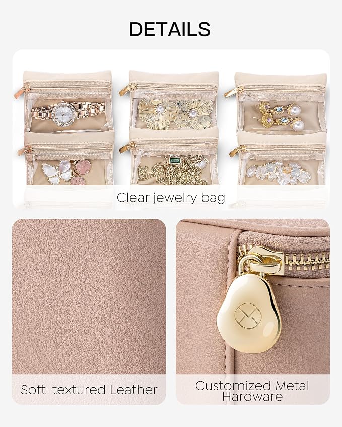 VLANDO Jewelry Travel Case,Travel Jewelry Organizer with Clear Velvet Jewelry Bags 6Pcs Zipper Pouch for Women Gift Ideas for Birthday Wedding Graduation-Khaki
