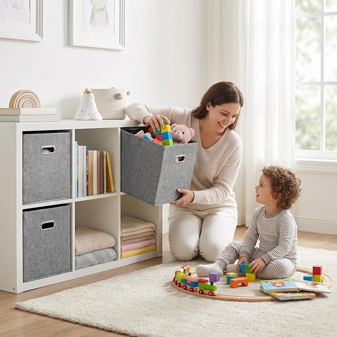 12x12 Gray Fabric Storage Cubes, 4 Pack – Foldable Linen-Look Cube Organizer Bins with Handles, Collapsible Cubby Baskets for Closet, Shelves, Nursery, Dorm Room & Kallax-Style Storage