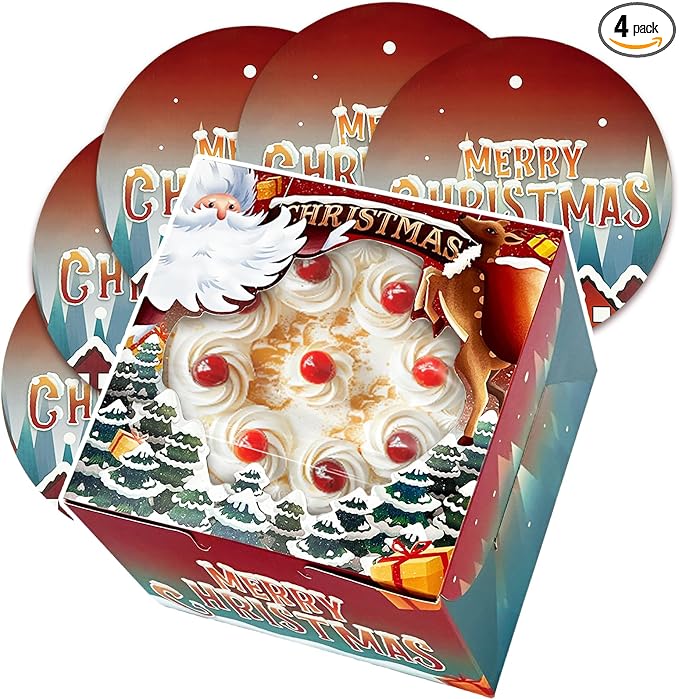 qiqee Christmas 10x10x5 Cake Box, 4 Sets Christmas Cake Box with Window ＆ 4 Sets 10 Inch Christmas Snow House Cake Round Boards, 10 Inch Cake Containers