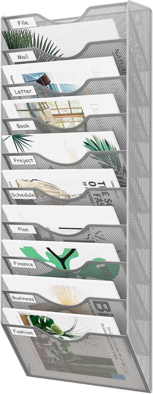 EasyPAG 10 Pocket Mesh Wall File Organizer, Hanging Paper Folder Holder with Classify Label, Vertical Wall Mount Mail Organizer for Office Home Classroom, Silver