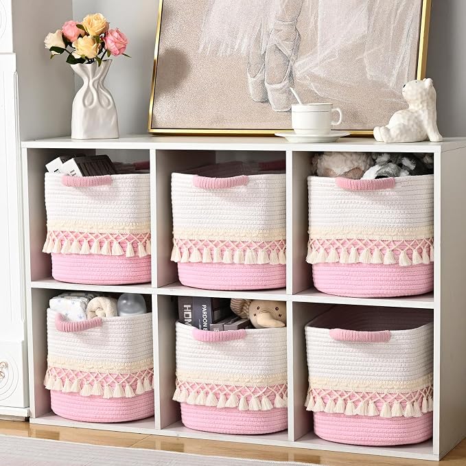 3 Pack Storage Basket for Shelves, Boho Cotton Rope Storage Bins with Heavy Tassel, Shelf Baskets Large Woven Baskets for Organizing, Cube Organizer Bins, Baby Laundry Basket for Clothes, Toys, Pets